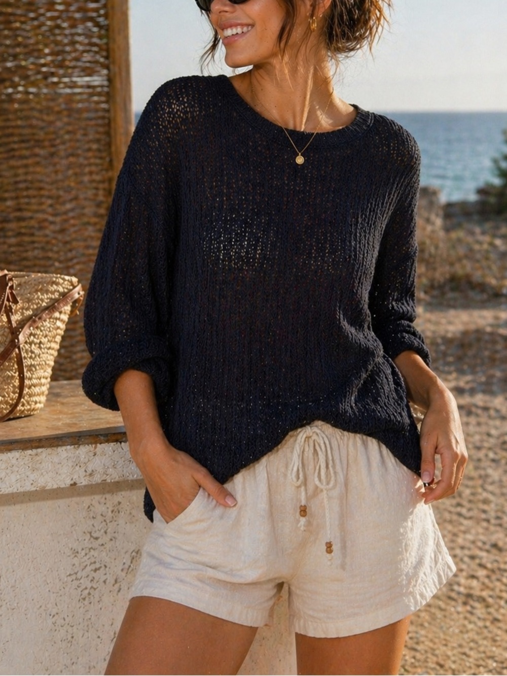 Gilli Navy Open Knit Sweater Shirt